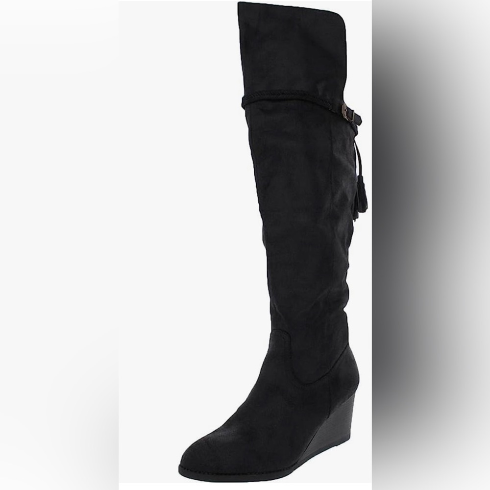 Jezebel Boot with a faux leather upper, pull-on with inner zip closureand buckle